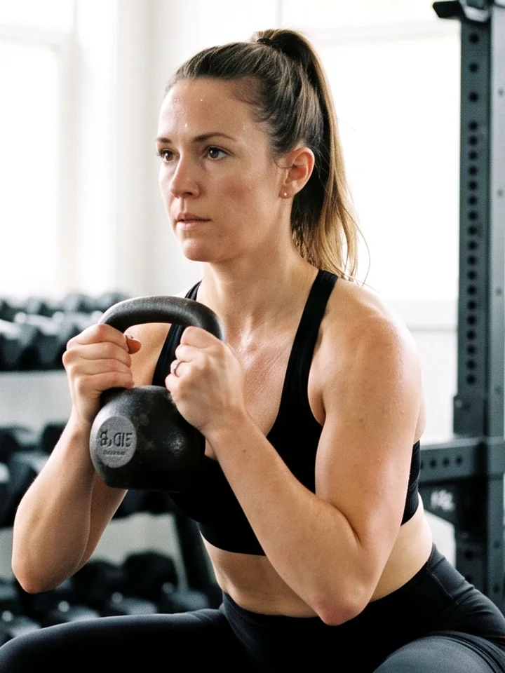 Kobieta robi przysiad z kettlebell w studiu treningowym